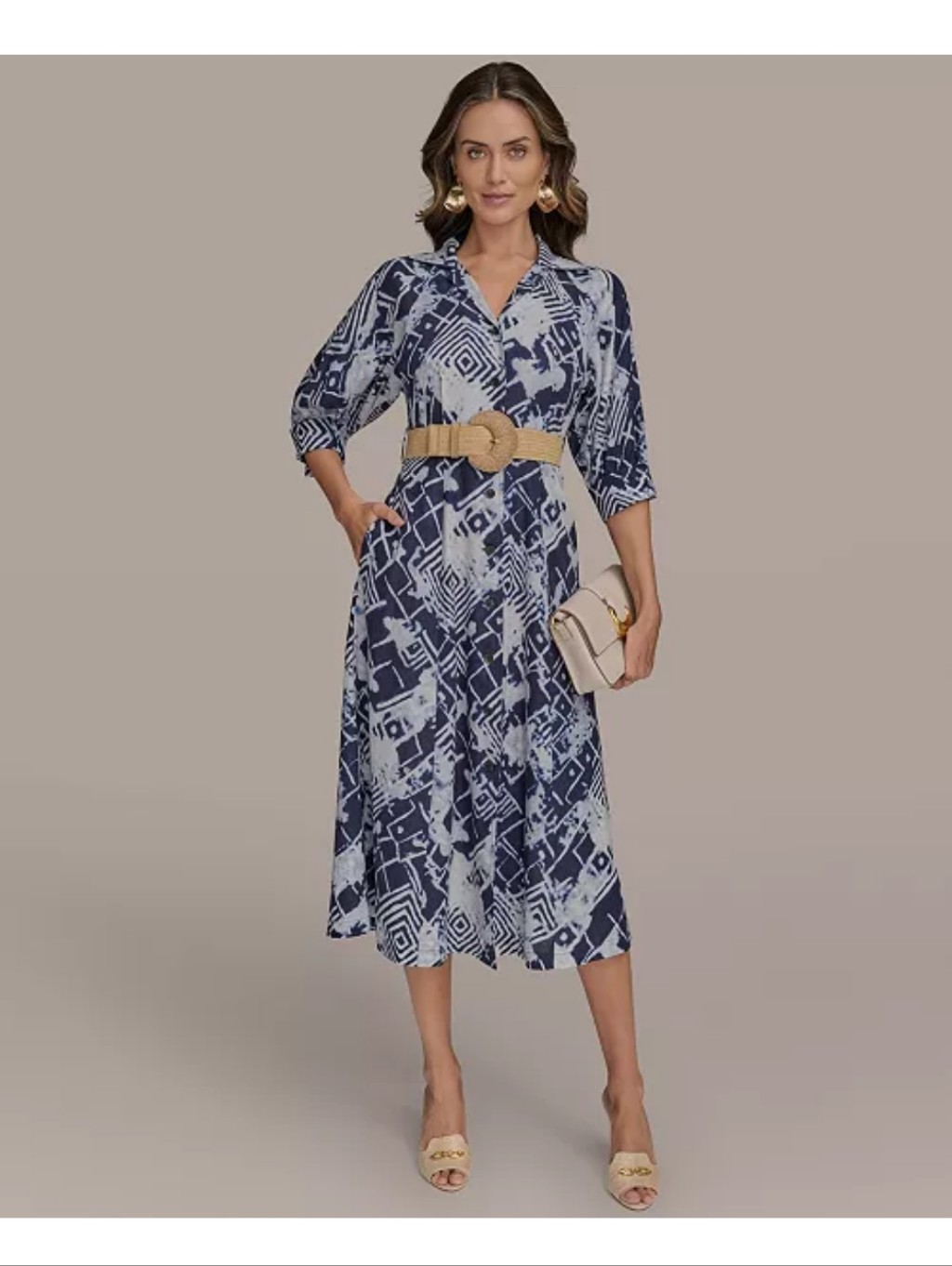 Donna Karan New York Womens 10 Blue White Abstract Shirt Dress Belted Midi $199